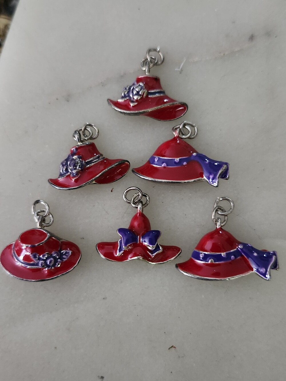Vtg Red Hat Society 6 Red Enamel Hat Charms with Purple Accents